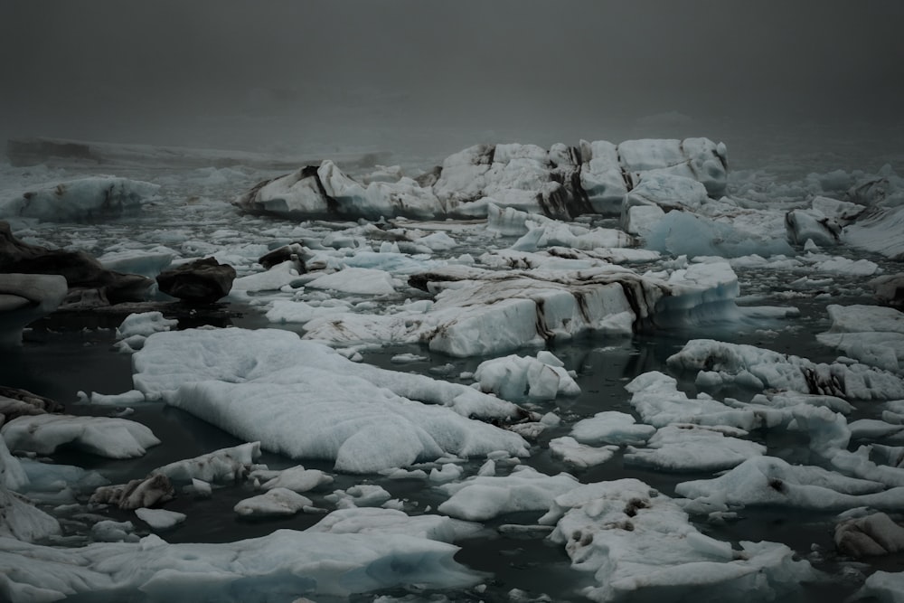 a large amount of ice floating on top of a body of water