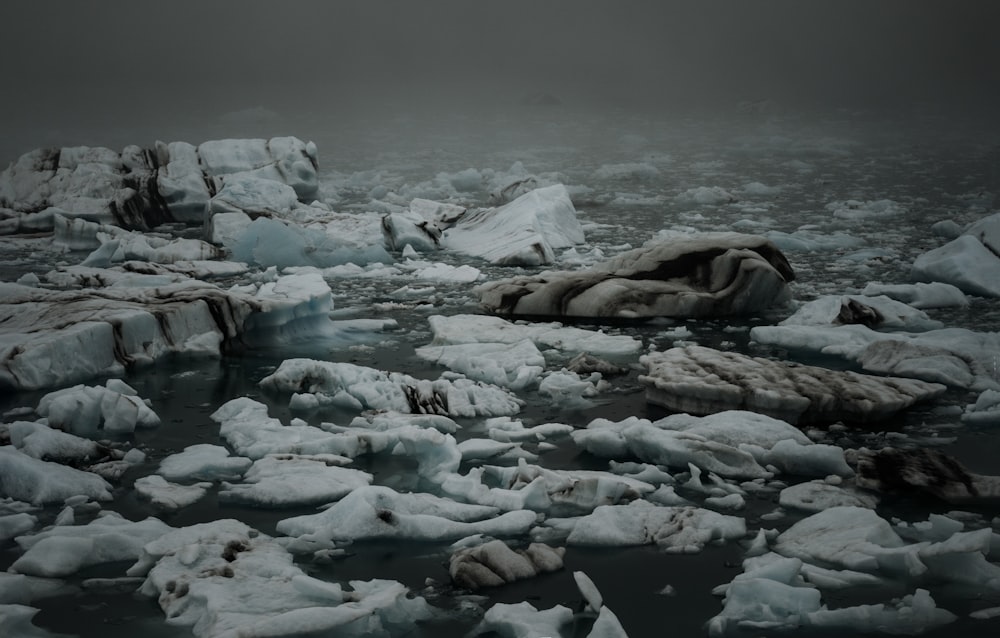 a large amount of ice floating on top of a body of water