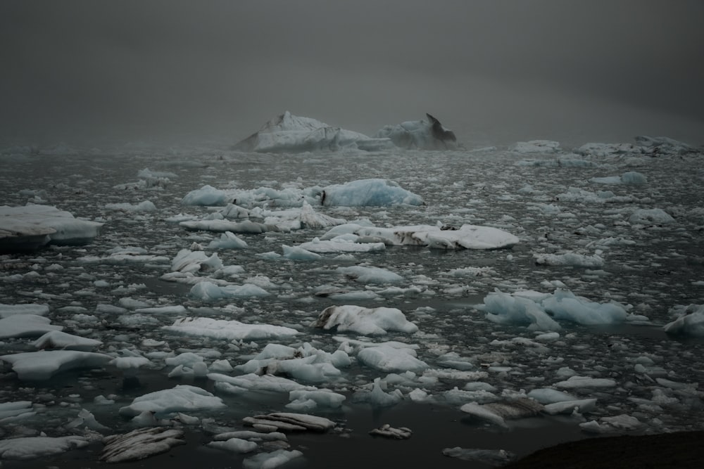 a group of icebergs floating on top of a body of water