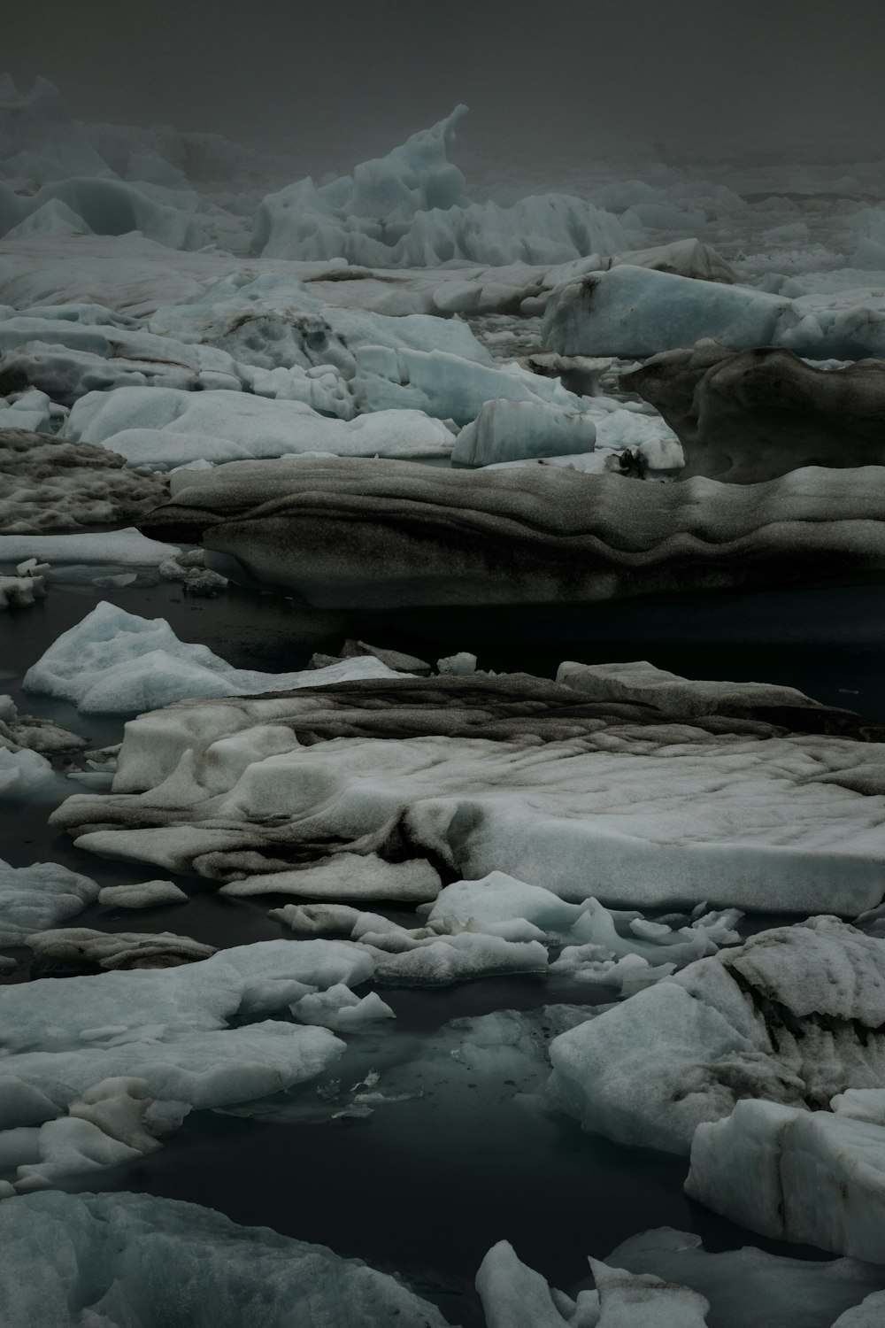 a black and white photo of ice and water