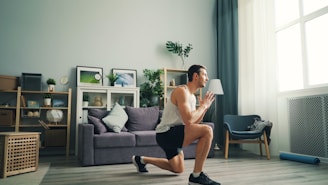 a man is running in a living room