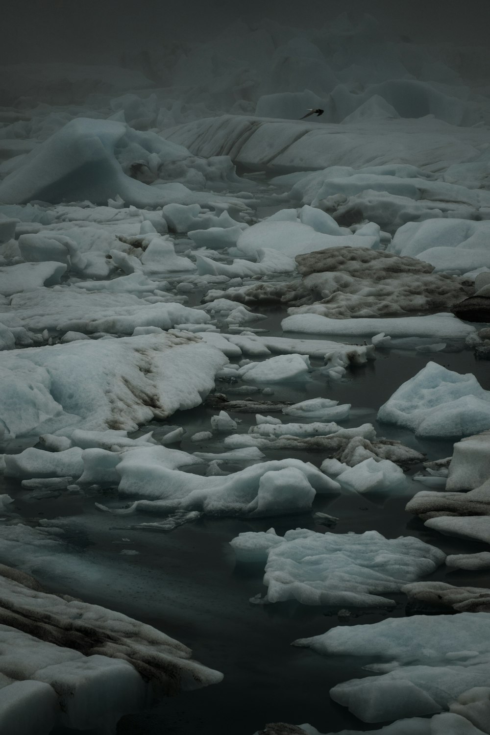 a small stream of water surrounded by ice