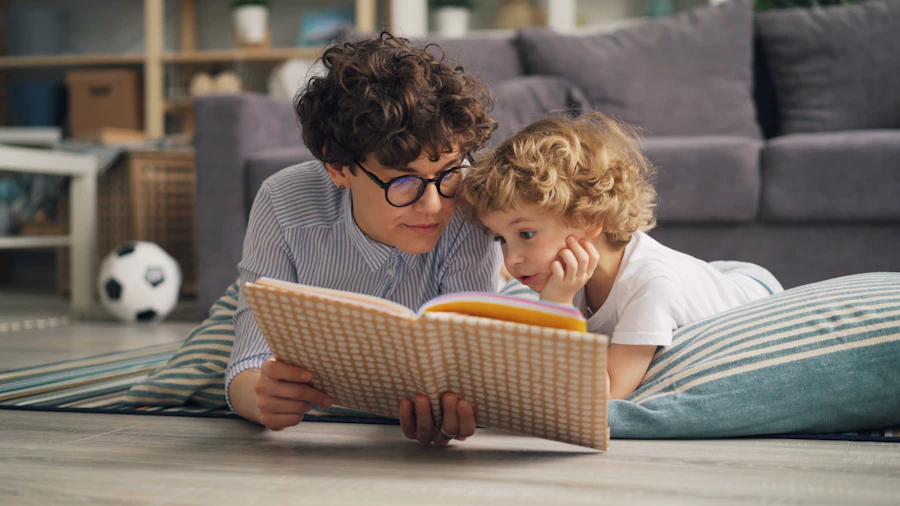 Mother and young child reading a book together at home
