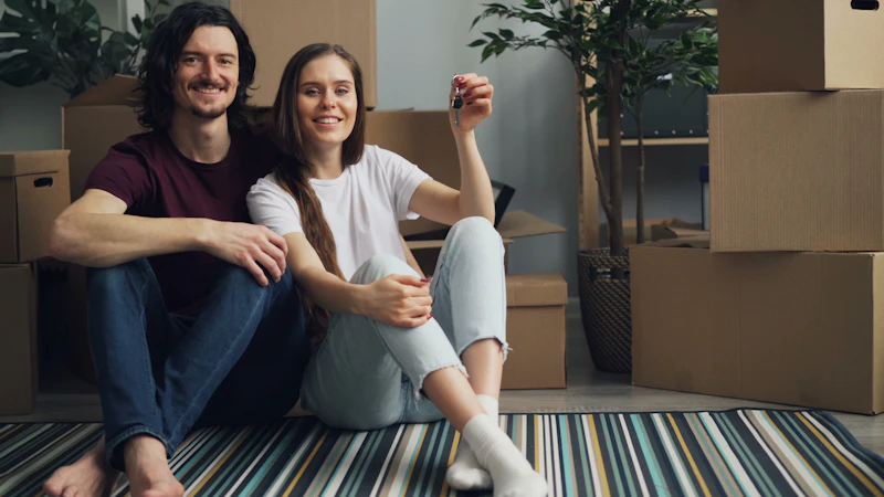 A couple sitting among moving boxes, smiling and holding up the keys to their first home.