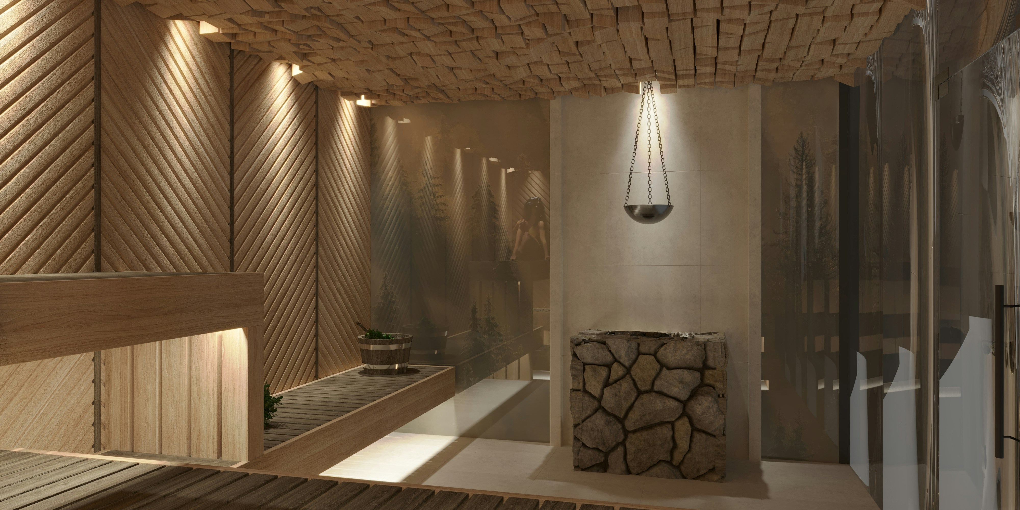 a bathroom with a wooden ceiling and a glass shower, 