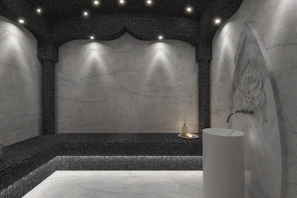 a bathroom with a black and white tiled wall