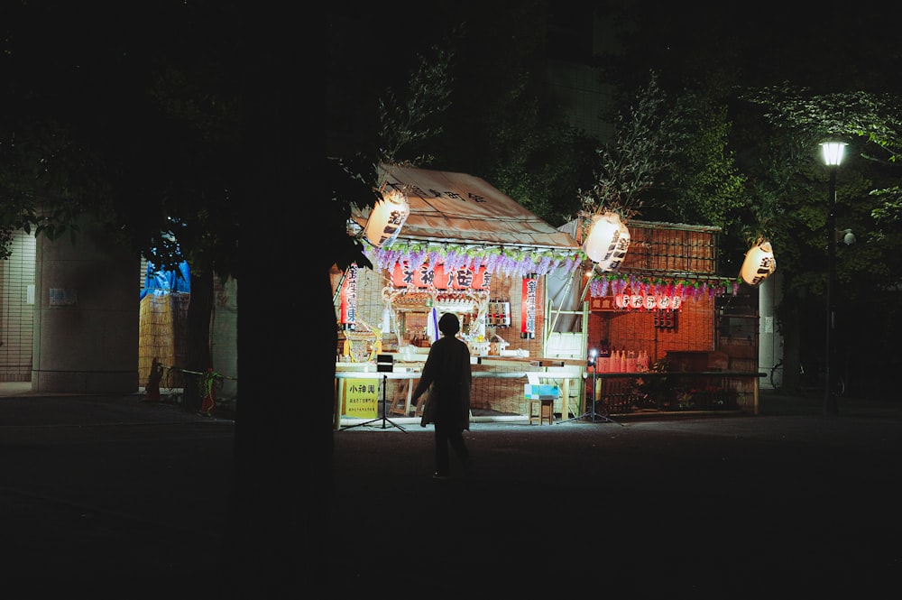 a man standing in front of a building at night