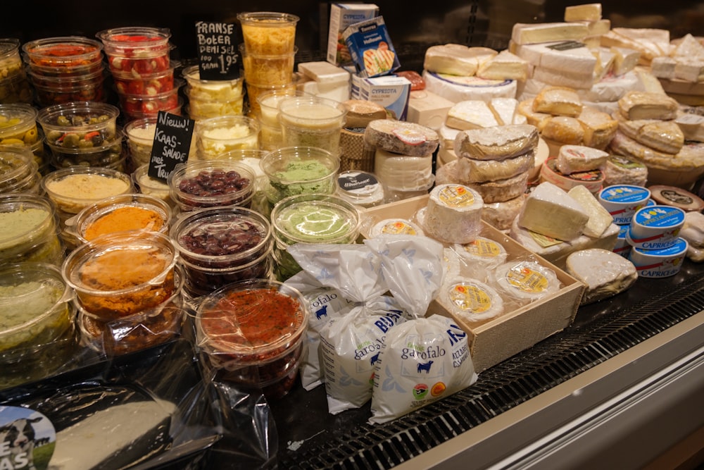 a display case filled with lots of different types of food