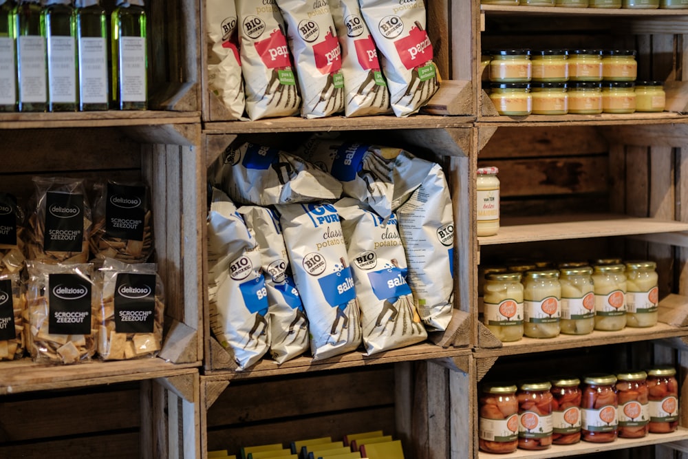 a shelf filled with lots of different types of food