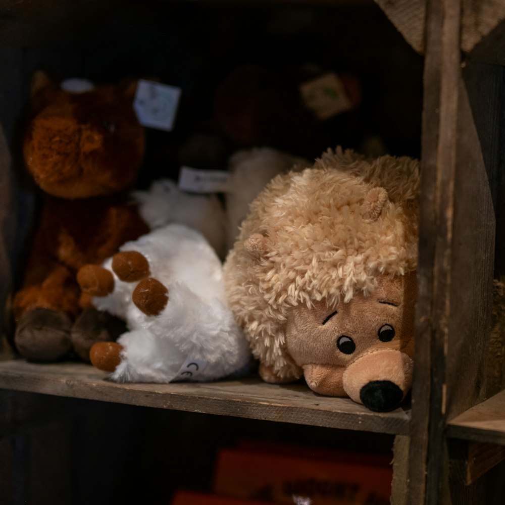 a shelf with stuffed animals on it