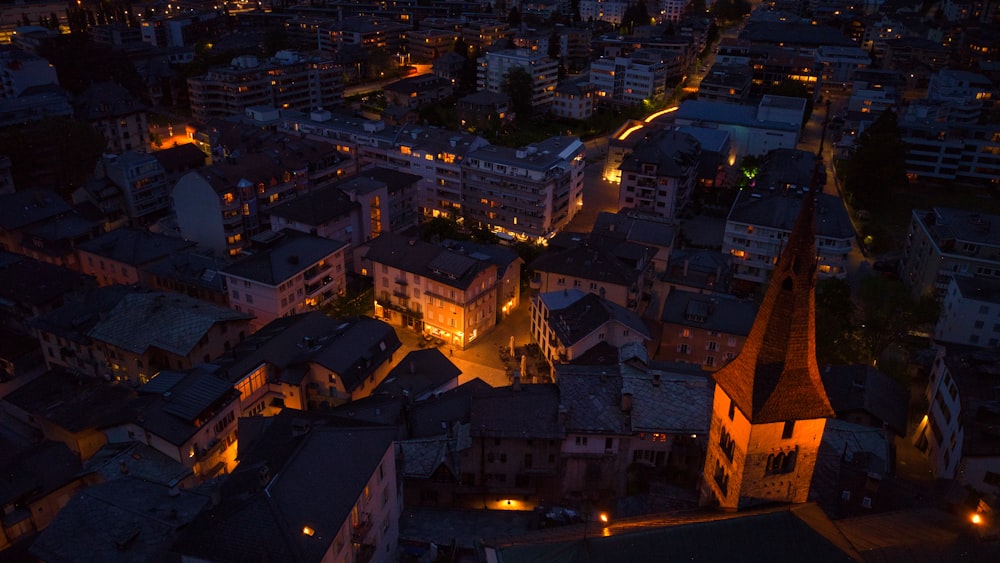 an aerial view of a city at night