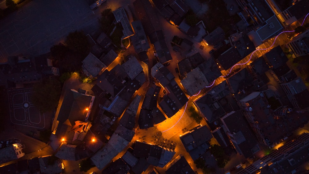 an aerial view of a city at night