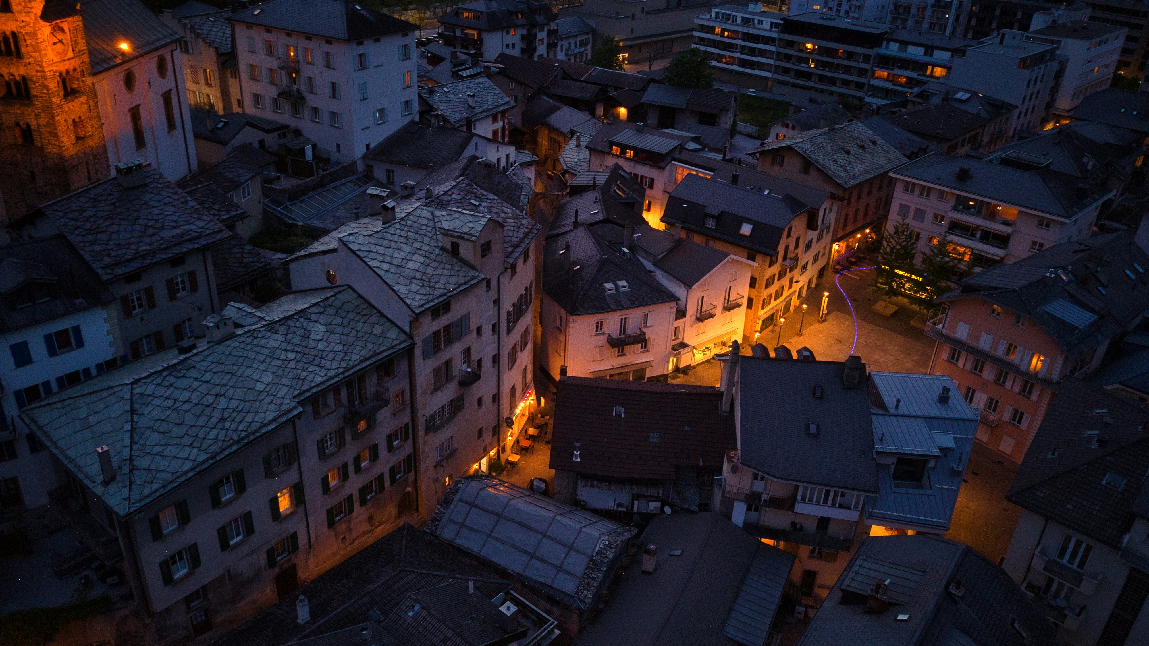 an aerial view of a city at night