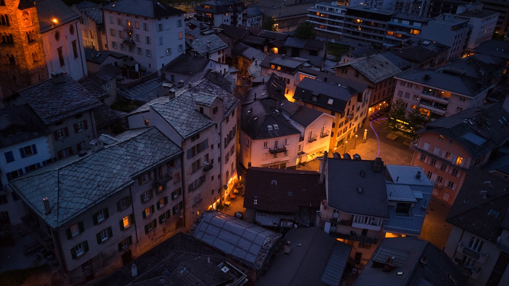 an aerial view of a city at night