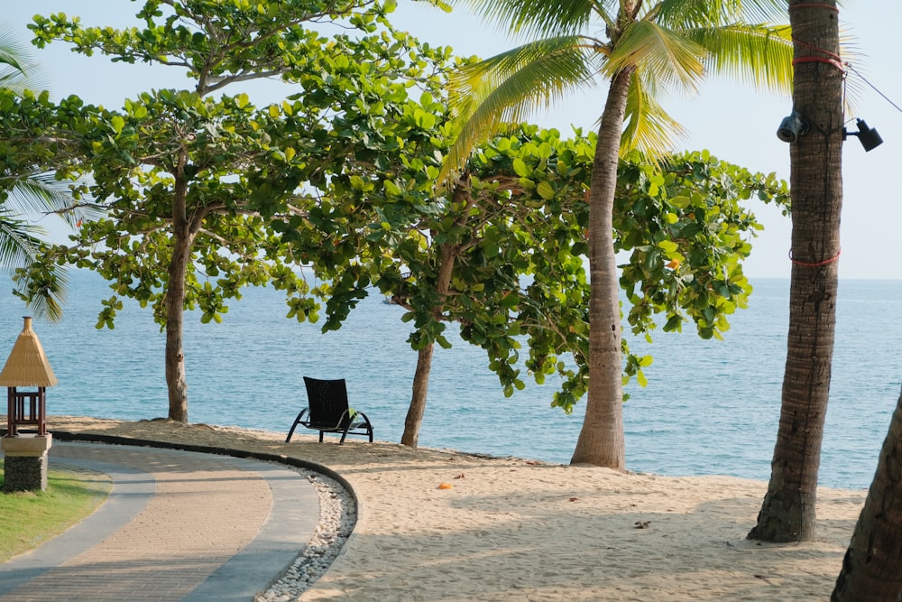 a chair sitting on a beach next to the ocean