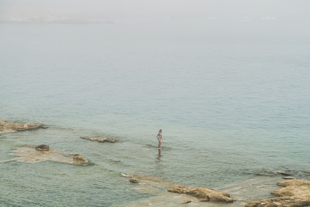 a person standing in the water near the shore