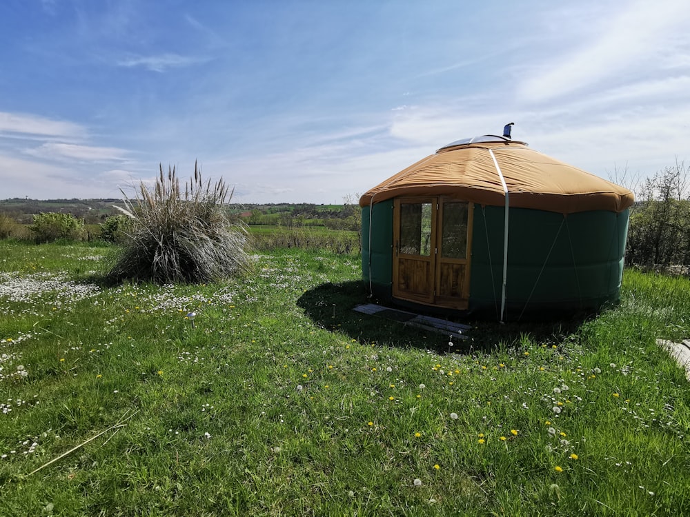 a yurt in a field with a bird on top of it