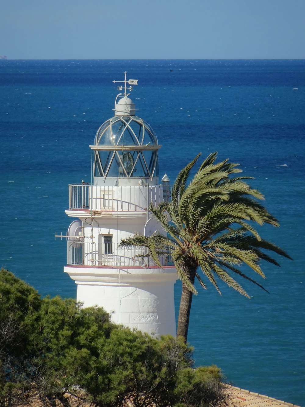 a white lighthouse with a palm tree in front of the ocean