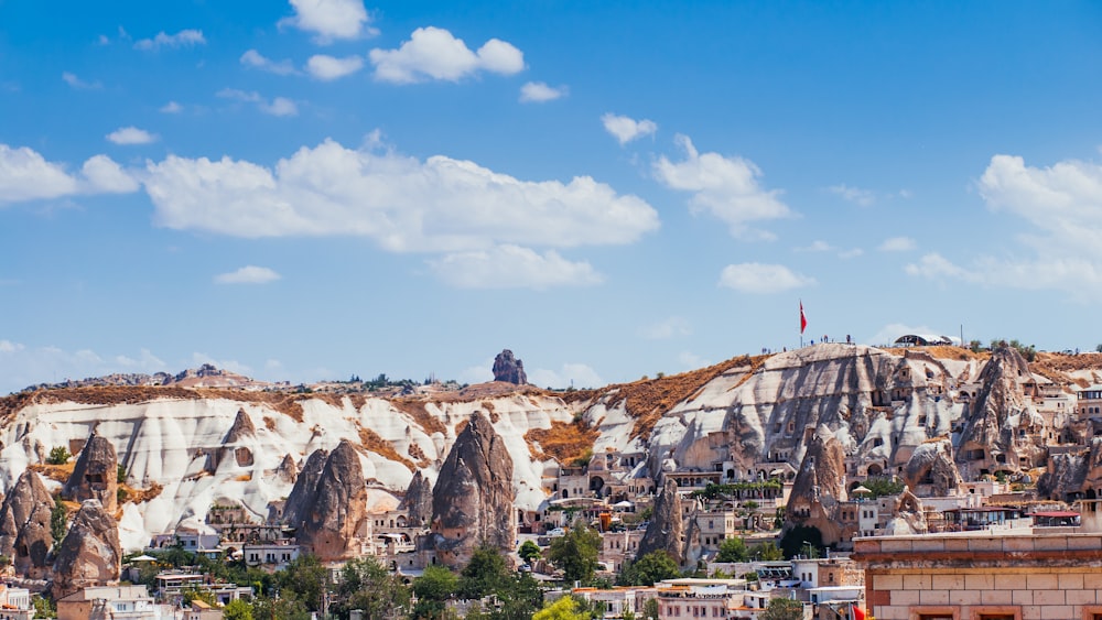 a scenic view of a city with mountains in the background