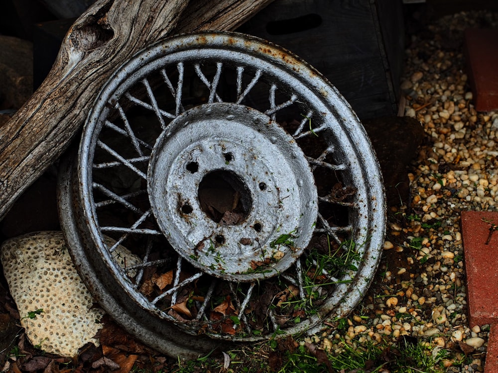 an old tire sitting on the ground next to a piece of wood