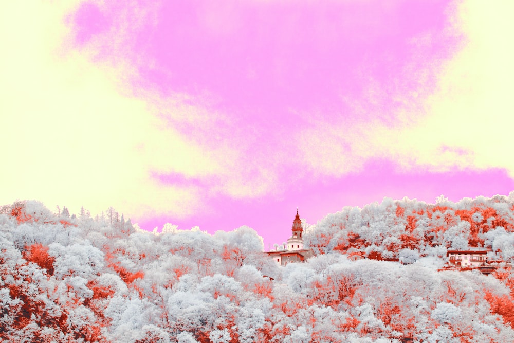 a view of a building on a hill with trees in the foreground