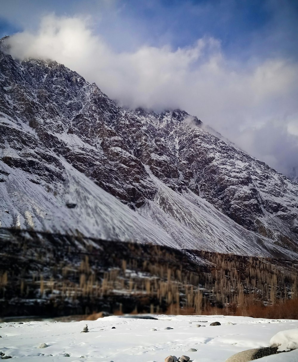 a snow covered mountain with clouds in the sky