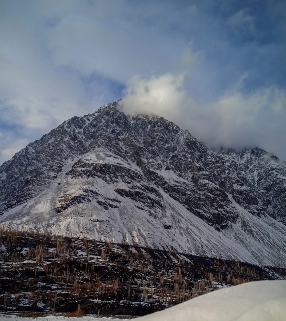 une montagne couverte de neige sous un ciel nuageux