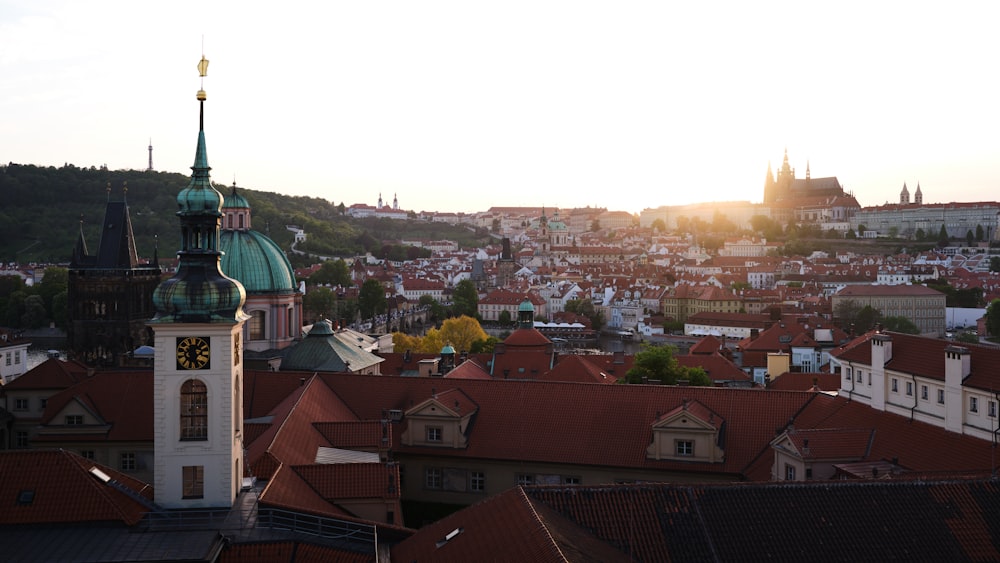 a view of a city with a clock tower