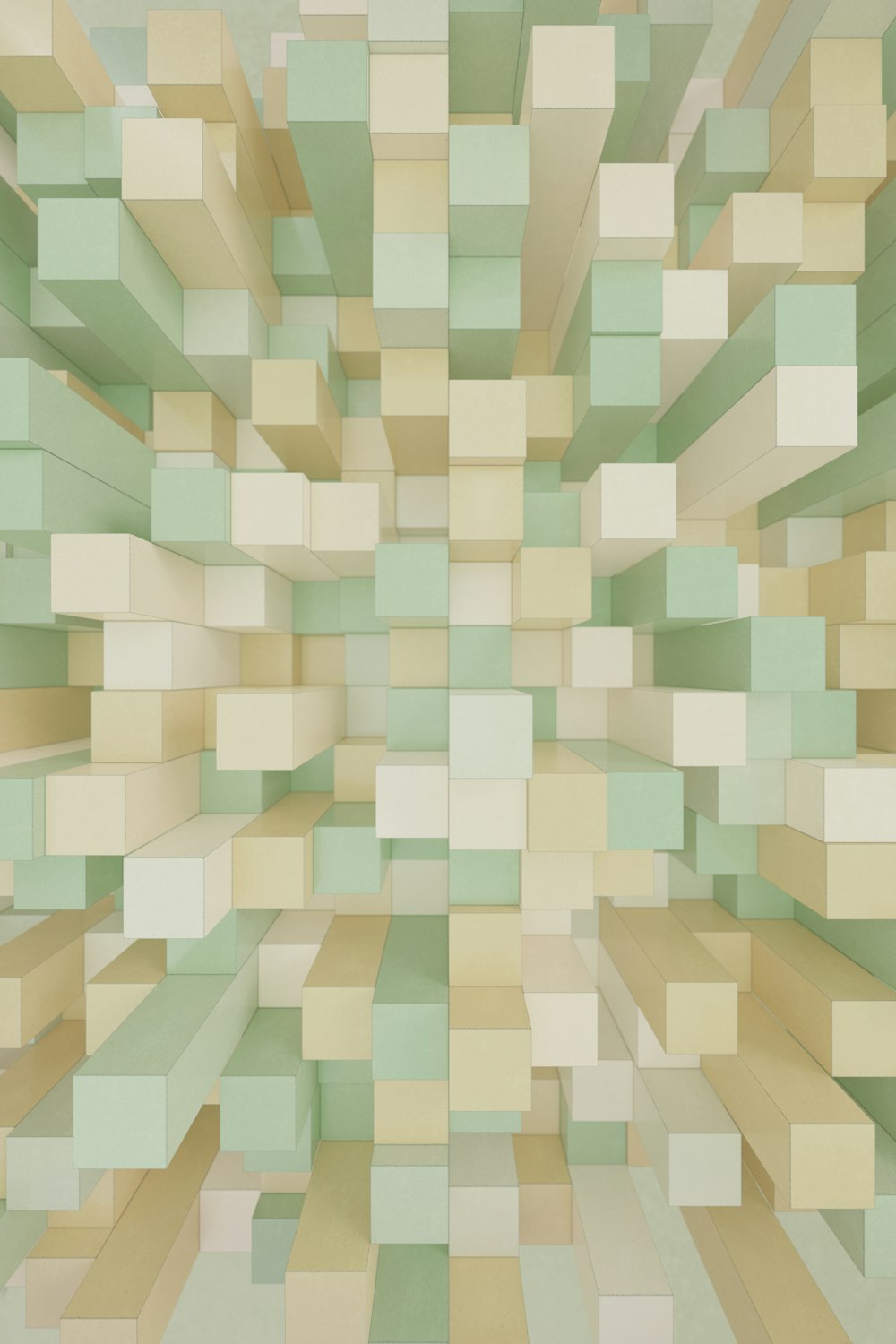 an abstract image of a green and beige cube pattern