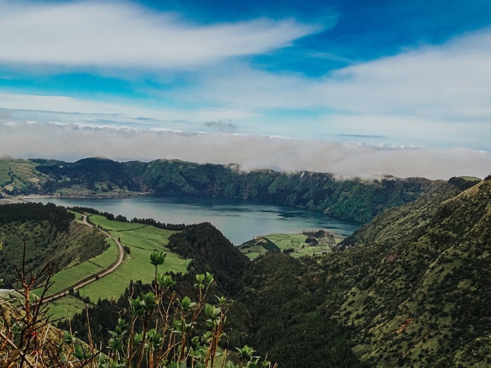 a scenic view of a lake surrounded by mountains