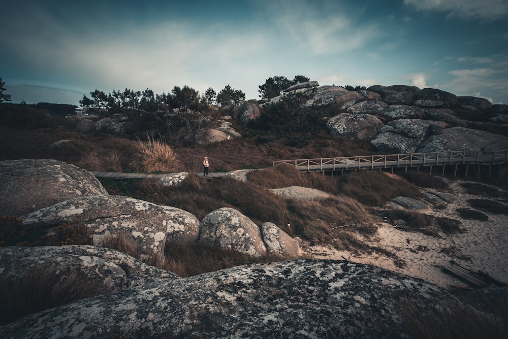 a person walking on a path between two large rocks