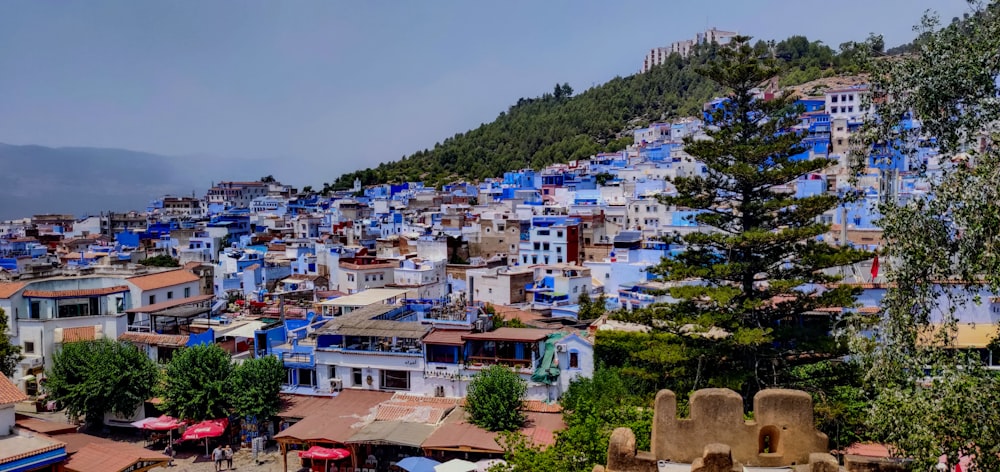 a city with blue buildings on the side of a hill