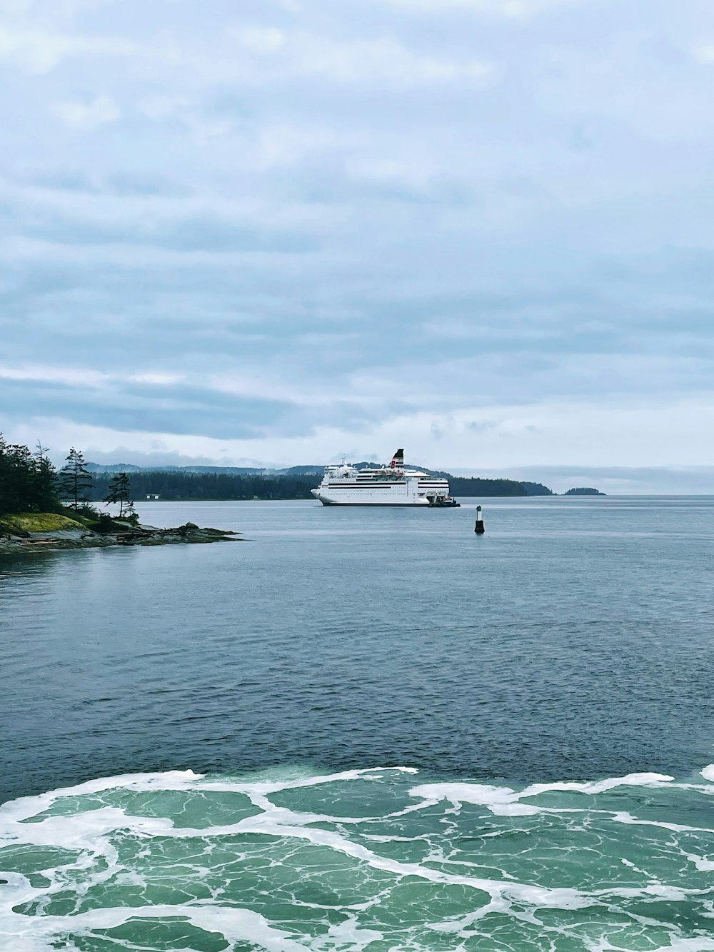 a cruise ship is in the distance on the water