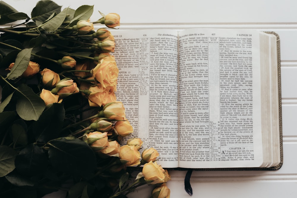 a book with a bunch of flowers on top of it