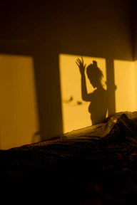 a shadow of a woman on a bed