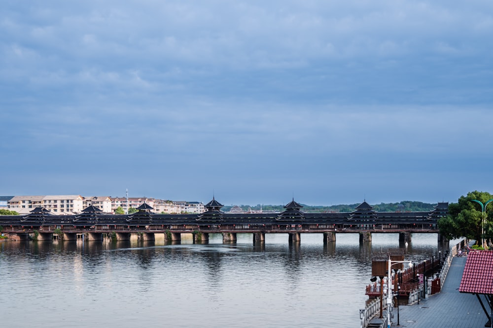 a large body of water with a bridge in the background