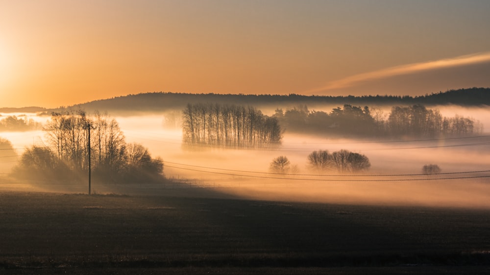 the sun is setting over a foggy field