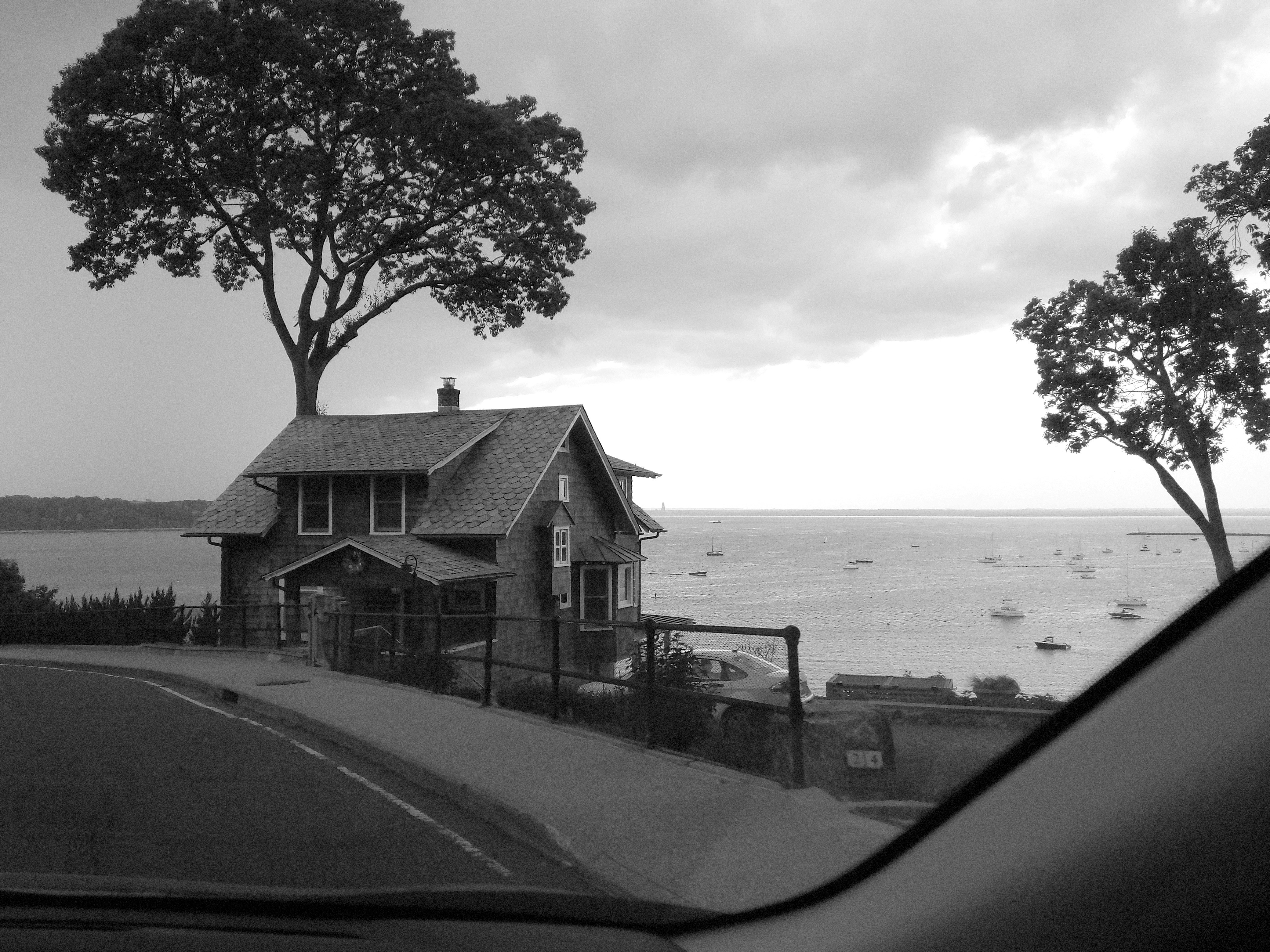 水域の隣の道路脇に建つ家