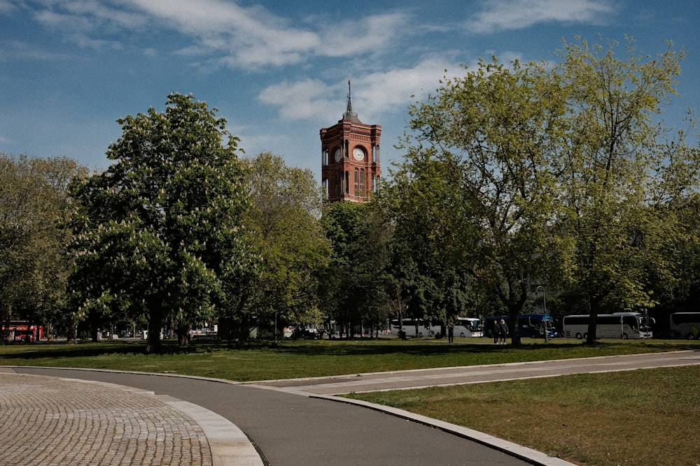 a clock tower towering over a park filled with trees
