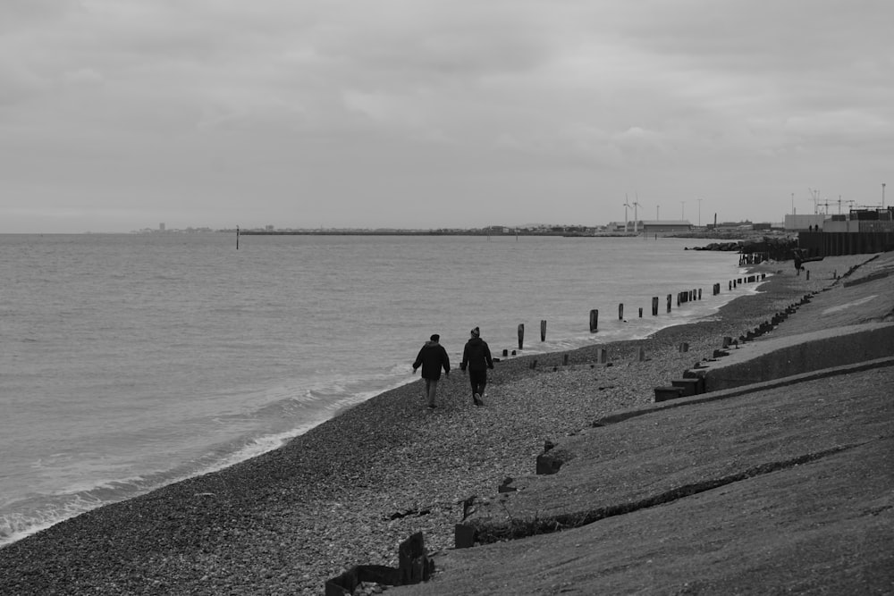 a couple of people walking along a beach next to the ocean