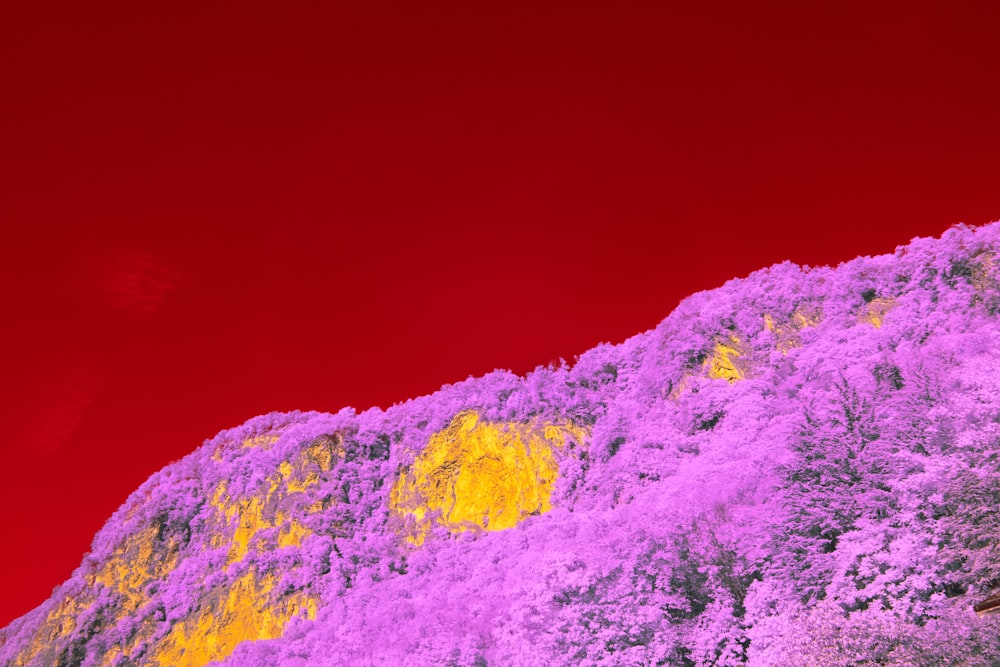 a red and yellow mountain with a red sky in the background