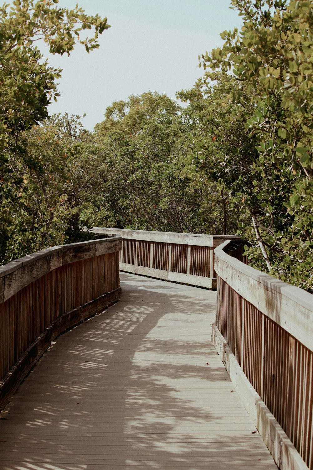 a wooden bridge with a bench on the side of it