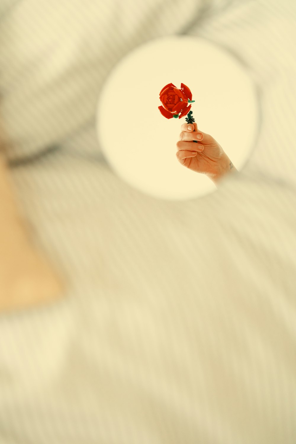 a person laying in bed holding a red rose