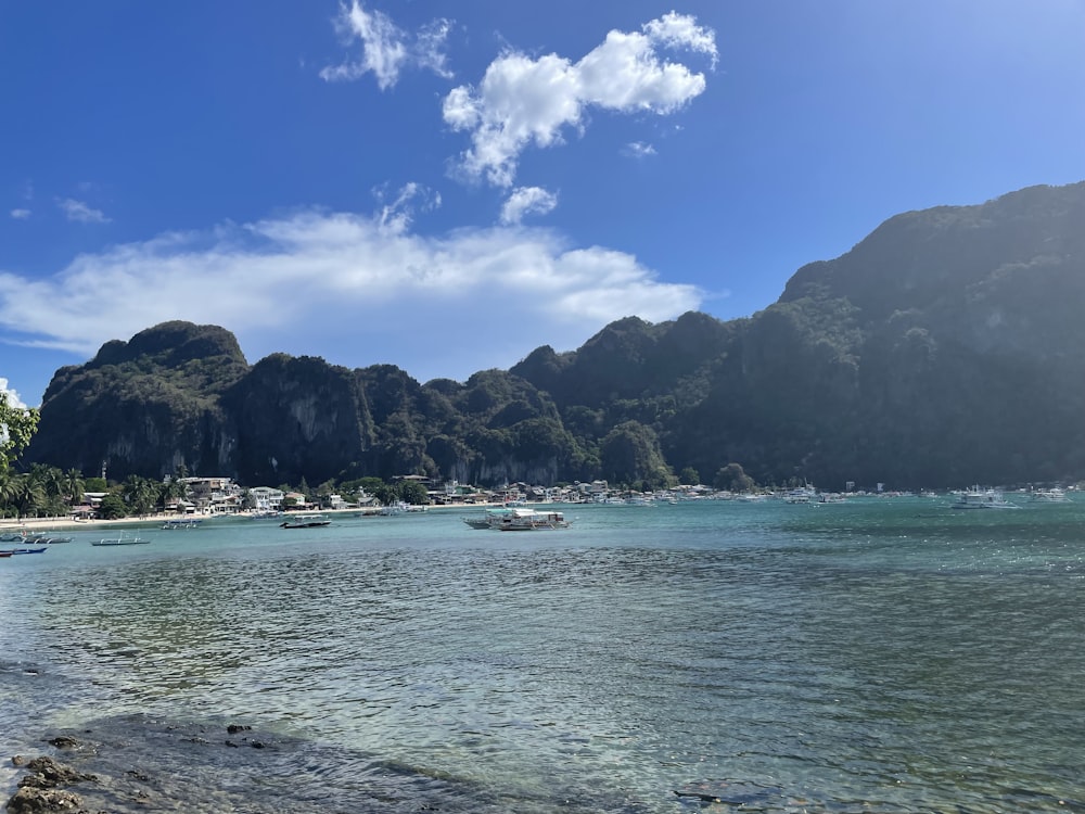 a beach with boats in the water and mountains in the background