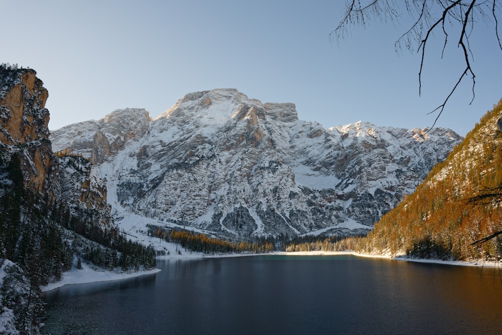 a lake surrounded by mountains covered in snow