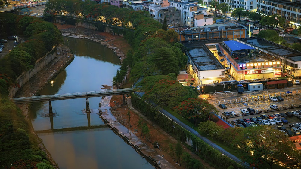 an aerial view of a city at night