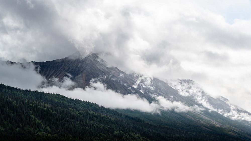 una montaña cubierta de nubes y árboles bajo un cielo nublado