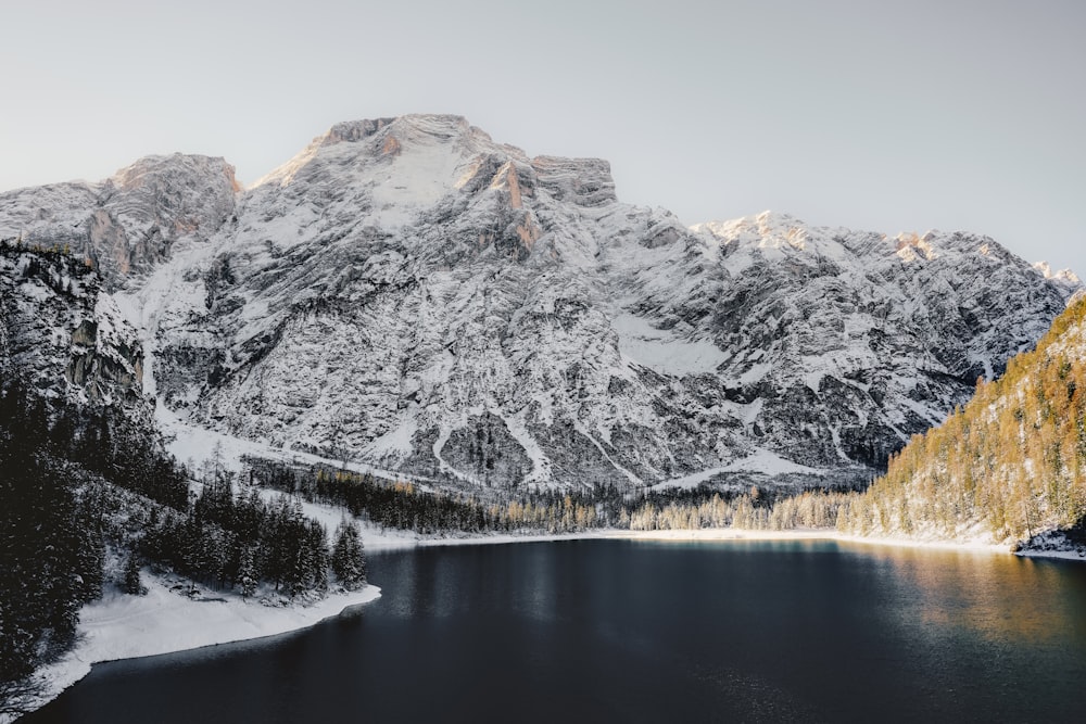 a lake surrounded by snow covered mountains