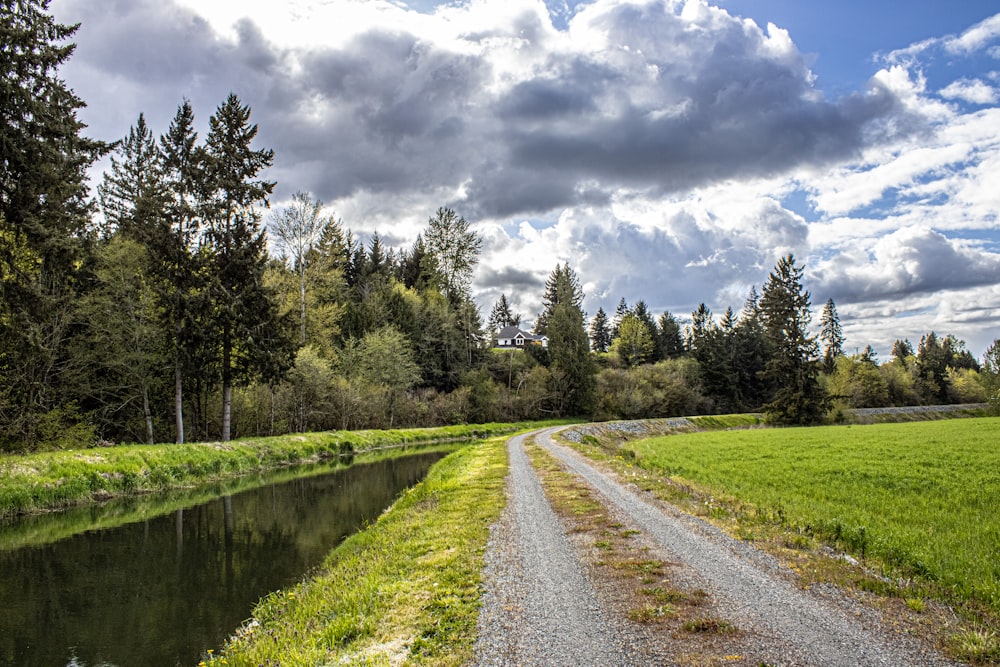 a dirt road next to a body of water