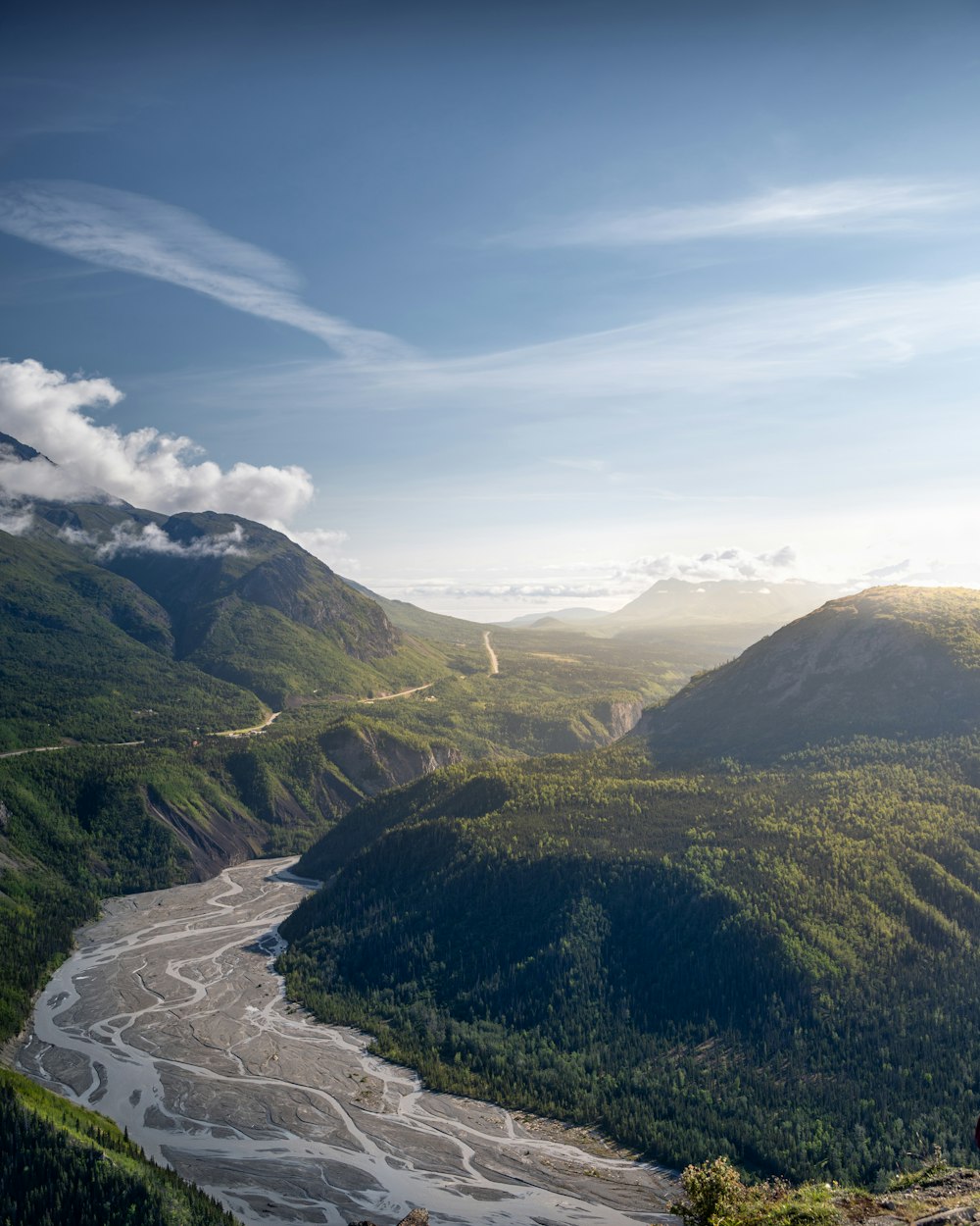 a river running through a lush green valley